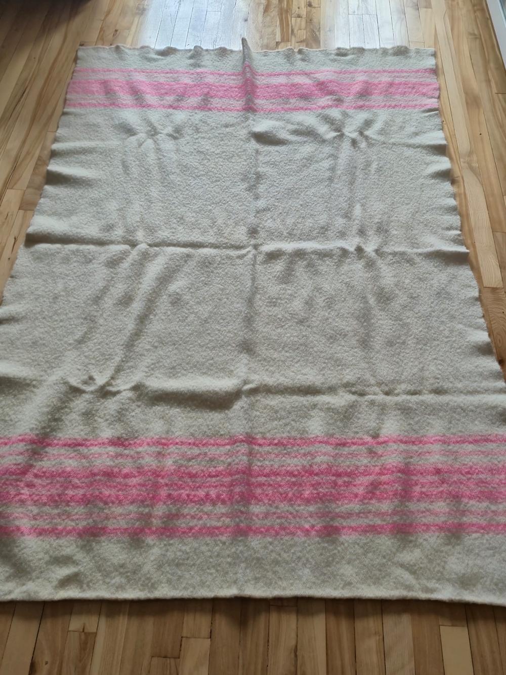 Vintage Mid-Century Mohair Wool Blend Blanket Throw – Pink Stripes 44" x 68" - Picture 2 of 11